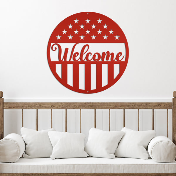 American Flag Welcome Metal Sign - Patriotic Sign-Door Hanger