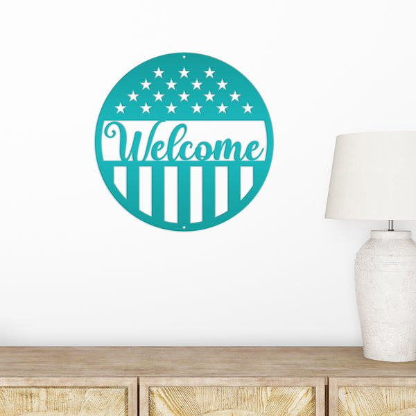American Flag Welcome Metal Sign - Patriotic Sign-Door Hanger