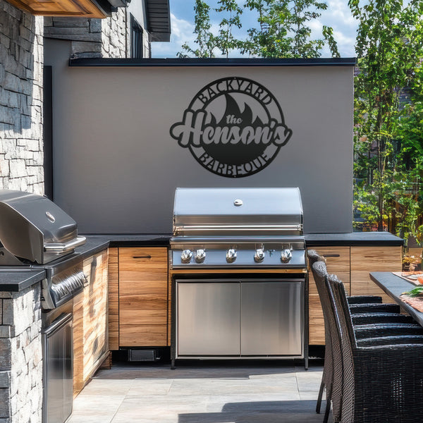 Backyard Barbeque Round with Flame and Family Name, Patio-Pool-Porch Metal Sign-Fathers Day Gift-Gift for Dad, Dads Backyard Sign, Dad's Patio Sign, Dads BBQ Outdoor Sign