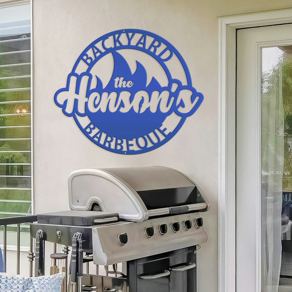 Backyard Barbeque Round with Flame and Family Name, Patio-Pool-Porch Metal Sign-Fathers Day Gift-Gift for Dad, Dads Backyard Sign, Dad's Patio Sign, Dads BBQ Outdoor Sign