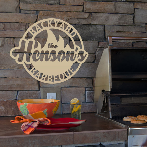 Backyard Barbeque Round with Flame and Family Name, Patio-Pool-Porch Metal Sign-Fathers Day Gift-Gift for Dad, Dads Backyard Sign, Dad's Patio Sign, Dads BBQ Outdoor Sign