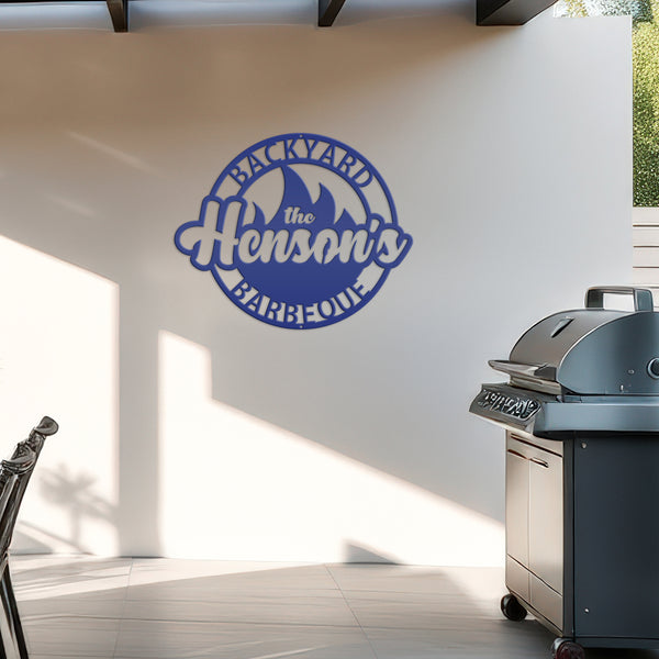 Backyard Barbeque Round with Flame and Family Name, Patio-Pool-Porch Metal Sign-Fathers Day Gift-Gift for Dad, Dads Backyard Sign, Dad's Patio Sign, Dads BBQ Outdoor Sign