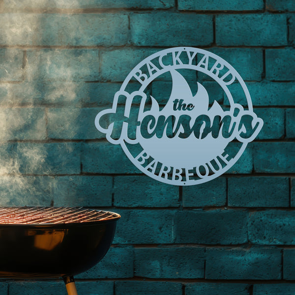 Backyard Barbeque Round with Flame and Family Name, Patio-Pool-Porch Metal Sign-Fathers Day Gift-Gift for Dad, Dads Backyard Sign, Dad's Patio Sign, Dads BBQ Outdoor Sign