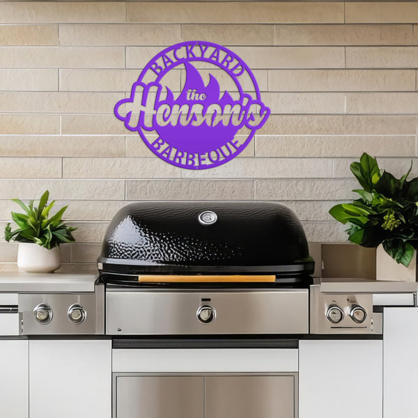 Backyard Barbeque Round with Flame and Family Name, Patio-Pool-Porch Metal Sign-Fathers Day Gift-Gift for Dad, Dads Backyard Sign, Dad's Patio Sign, Dads BBQ Outdoor Sign
