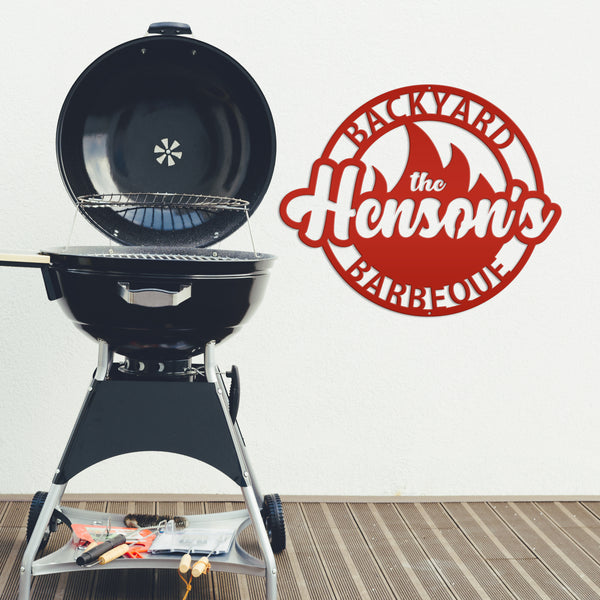 Backyard Barbeque Round with Flame and Family Name, Patio-Pool-Porch Metal Sign-Fathers Day Gift-Gift for Dad, Dads Backyard Sign, Dad's Patio Sign, Dads BBQ Outdoor Sign