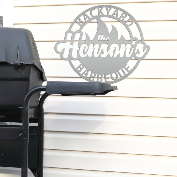 Backyard Barbeque Round with Flame and Family Name, Patio-Pool-Porch Metal Sign-Fathers Day Gift-Gift for Dad, Dads Backyard Sign, Dad's Patio Sign, Dads BBQ Outdoor Sign