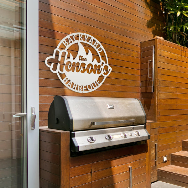 Backyard Barbeque Round with Flame and Family Name, Patio-Pool-Porch Metal Sign-Fathers Day Gift-Gift for Dad, Dads Backyard Sign, Dad's Patio Sign, Dads BBQ Outdoor Sign
