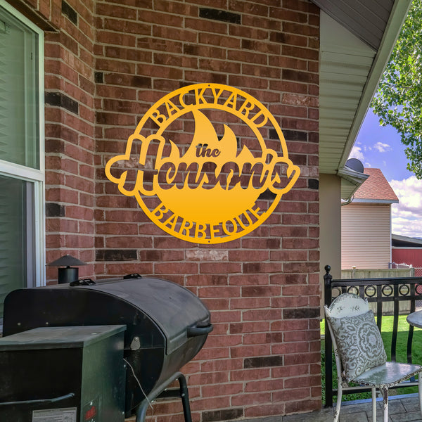 Backyard Barbeque Round with Flame and Family Name-Patio-Pool-Porch Metal Sign-Fathers Day Gift-Gift for Dad