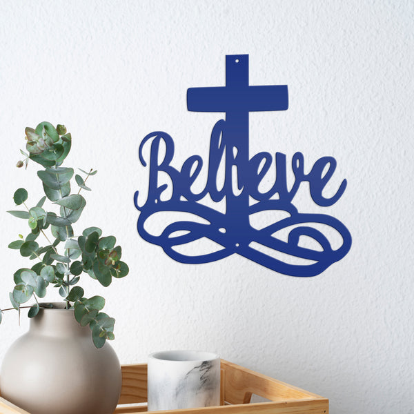 Believe Cross Metal Sign-Religous-Christian Wall Hanging Art-Home Decor-Outdoor Decor-Confirmation Gift