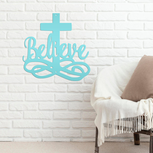 Believe Cross Metal Sign-Religous-Christian Wall Hanging Art-Home Decor-Outdoor Decor-Confirmation Gift