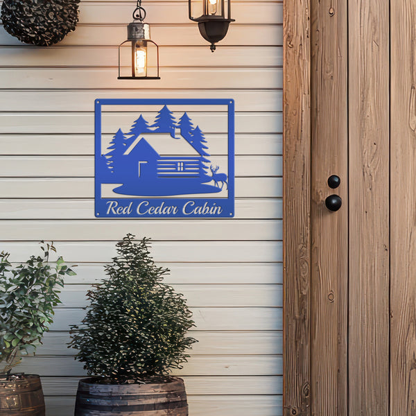 Personalized Cabin with Deer Welcome Metal Sign