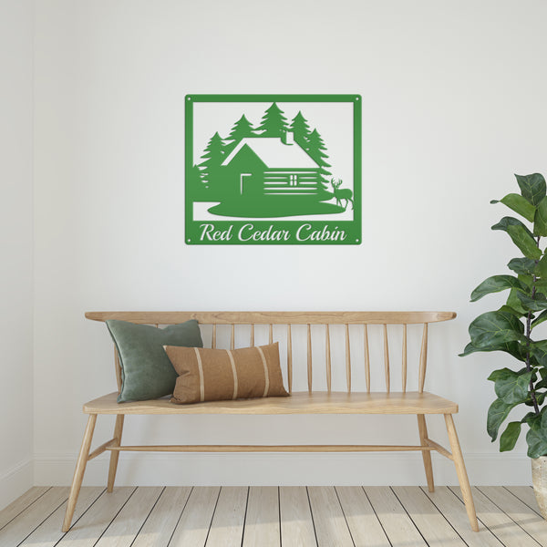 Personalized Cabin with Deer Welcome Metal Sign