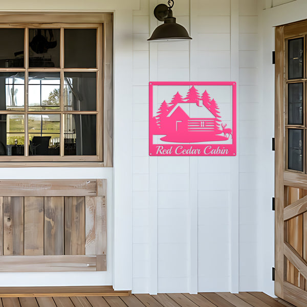 Personalized Cabin with Deer Welcome Metal Sign