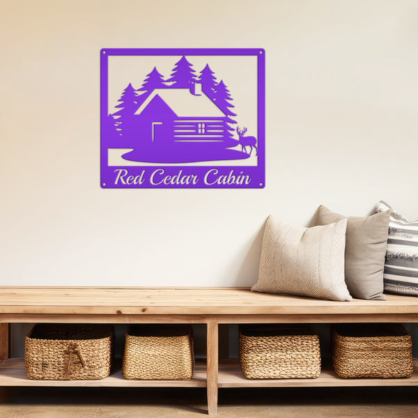 Personalized Cabin with Deer Welcome Metal Sign