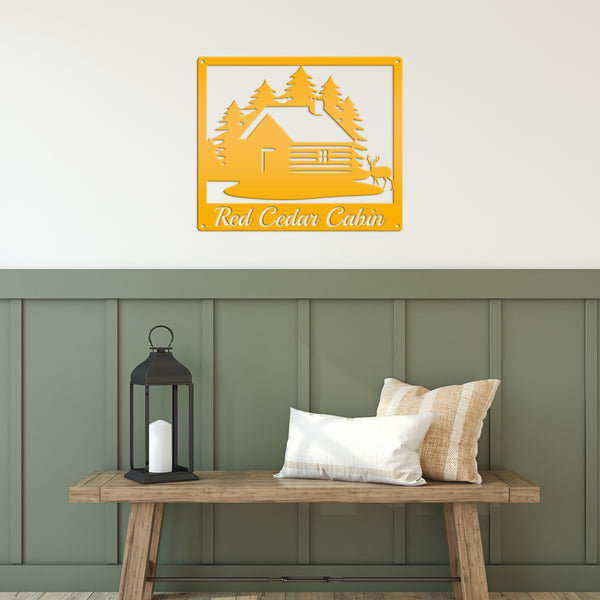 Personalized Cabin with Deer Welcome Metal Sign