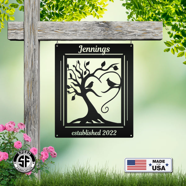 Personalized Decorative Tree with Birds and Established Date Metal Sign