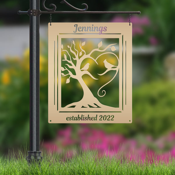 Personalized Decorative Tree with Birds and Established Date Metal Sign