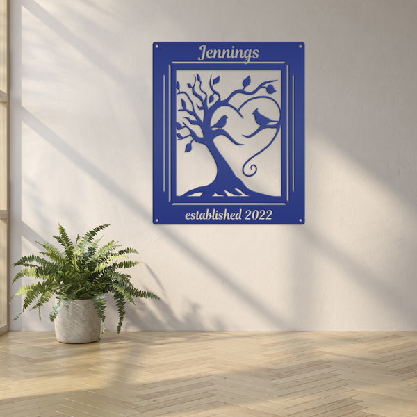 Personalized Decorative Tree with Birds and Established Date Metal Sign