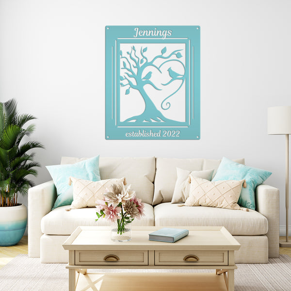 Personalized Decorative Tree with Birds and Established Date Metal Sign