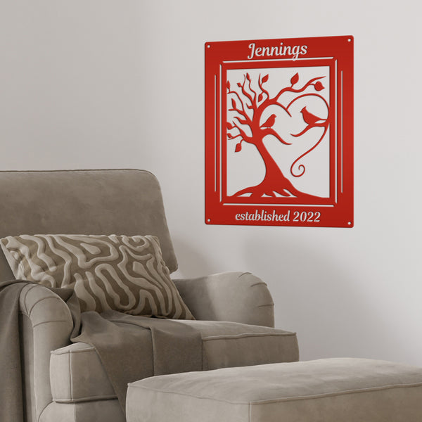 Personalized Decorative Tree with Birds and Established Date Metal Sign