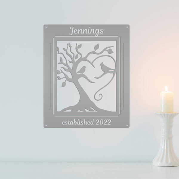 Personalized Decorative Tree with Birds and Established Date Metal Sign