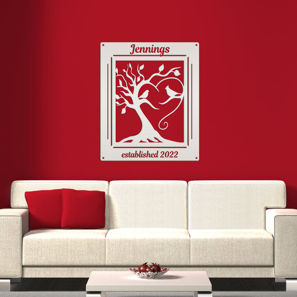 Personalized Decorative Tree with Birds and Established Date Metal Sign