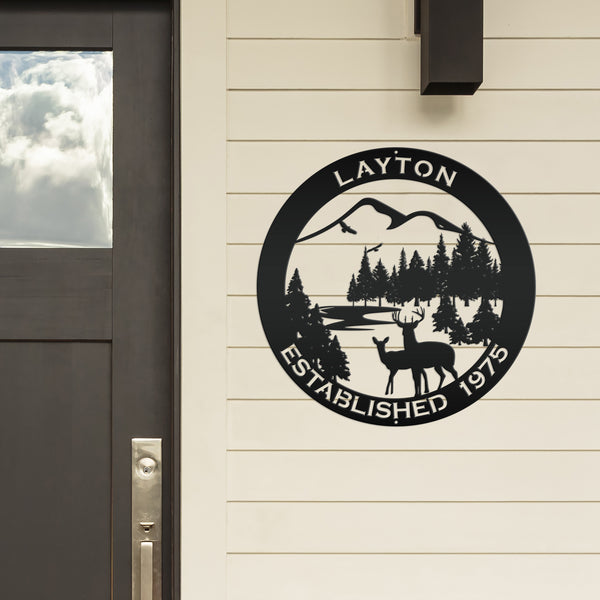 Personalized Family Name Outdoor Mountain Deer Scene with Established Date Round Metal Sign