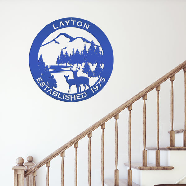 Personalized Family Name Outdoor Mountain Deer Scene with Established Date Round Metal Sign
