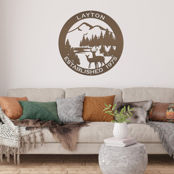 Personalized Family Name Outdoor Mountain Deer Scene with Established Date Round Metal Sign
