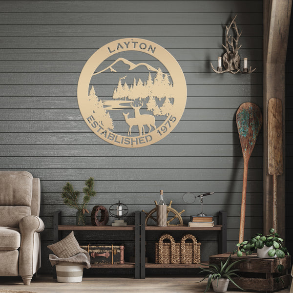 Personalized Family Name Outdoor Mountain Deer Scene with Established Date Round Metal Sign