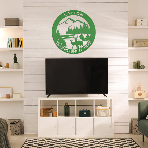 Personalized Family Name Outdoor Mountain Deer Scene with Established Date Round Metal Sign