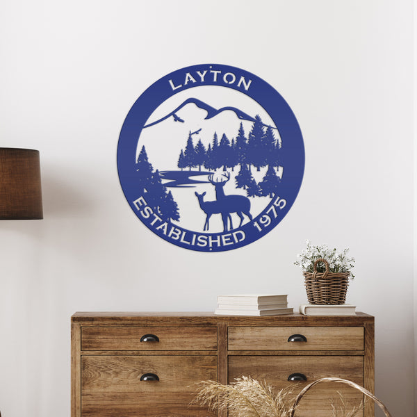 Personalized Family Name Outdoor Mountain Deer Scene with Established Date Round Metal Sign