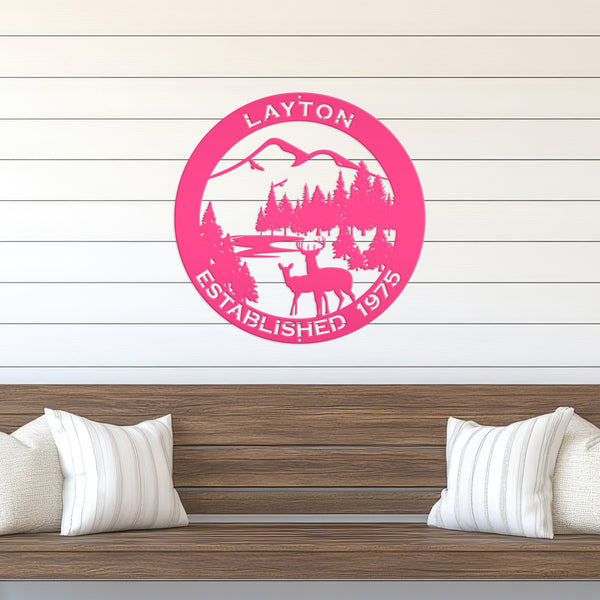 Personalized Family Name Outdoor Mountain Deer Scene with Established Date Round Metal Sign