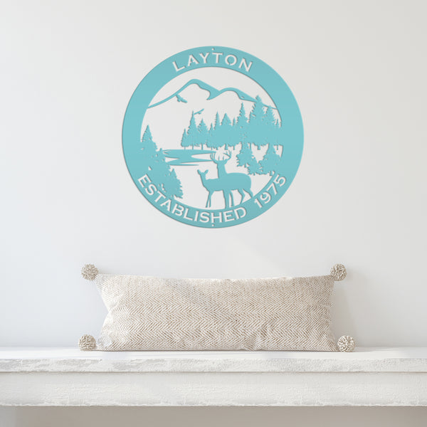 Personalized Family Name Outdoor Mountain Deer Scene with Established Date Round Metal Sign