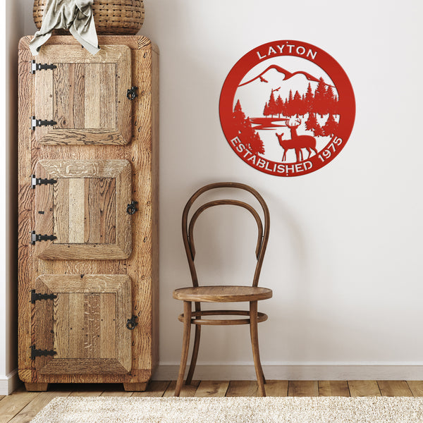 Personalized Family Name Outdoor Mountain Deer Scene with Established Date Round Metal Sign