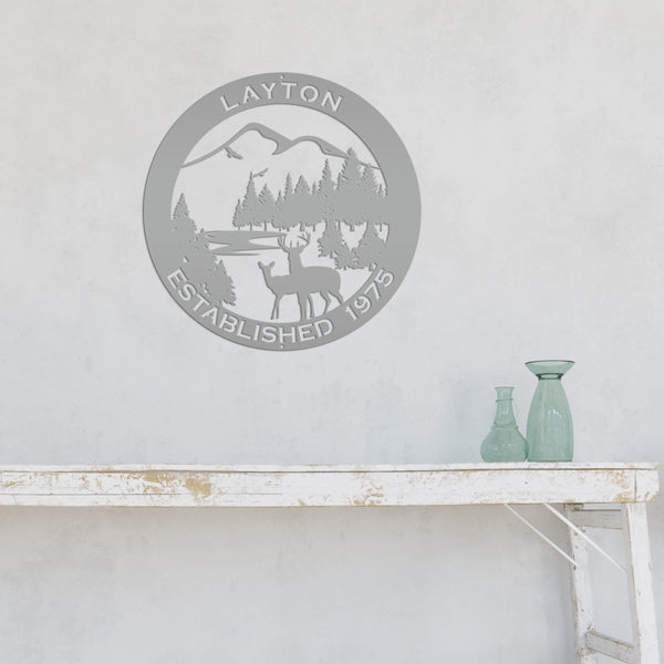 Personalized Family Name Outdoor Mountain Deer Scene with Established Date Round Metal Sign