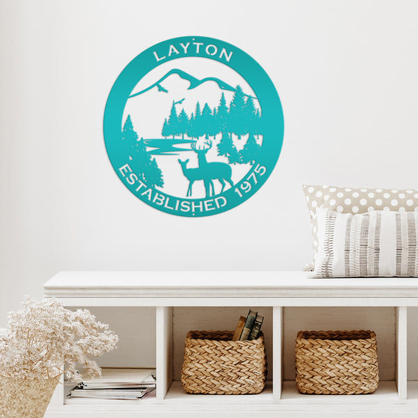 Personalized Family Name Outdoor Mountain Deer Scene with Established Date Round Metal Sign