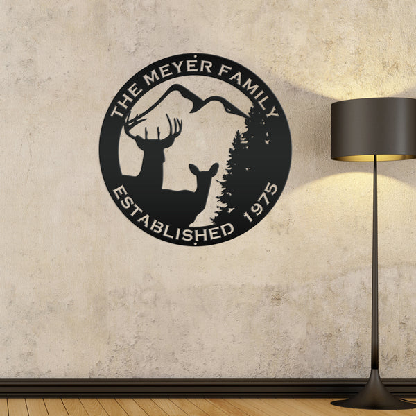 Personalized Family Name Outdoor Deer Scene with Established Date Round Metal Sign-Deer Cabin Metal Sign -Deer themed Wall Decor