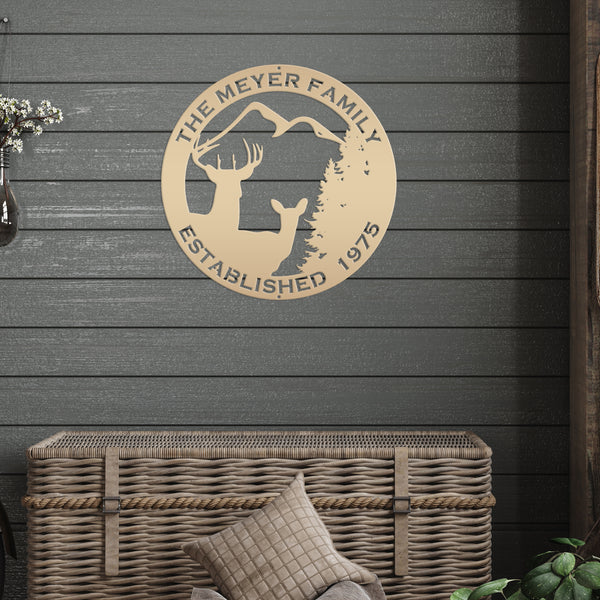 Personalized Family Name Outdoor Deer Scene with Established Date Round Metal Sign-Deer Cabin Metal Sign -Deer themed Wall Decor