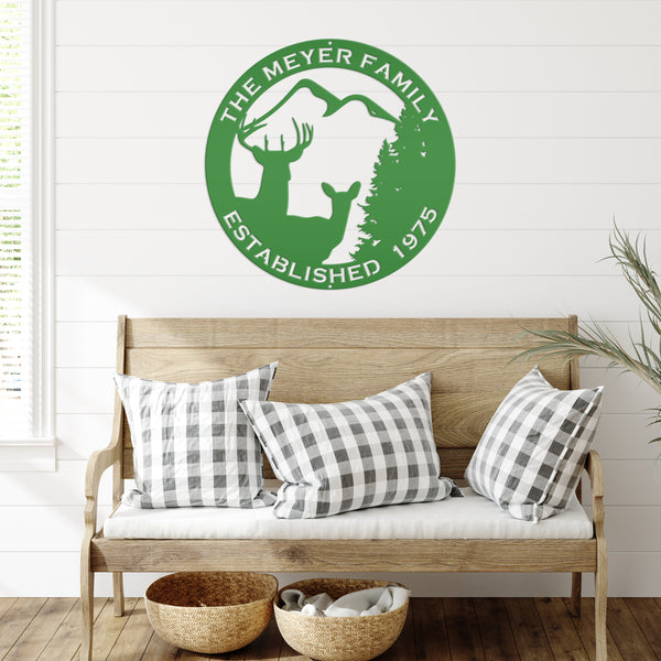 Personalized Family Name Outdoor Deer Scene with Established Date Round Metal Sign-Deer Cabin Metal Sign -Deer themed Wall Decor