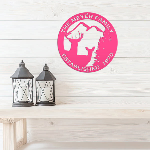 Personalized Family Name Outdoor Deer Scene with Established Date Round Metal Sign-Deer Cabin Metal Sign -Deer themed Wall Decor