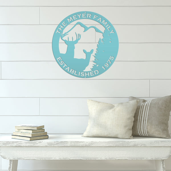 Personalized Family Name Outdoor Deer Scene with Established Date Round Metal Sign-Deer Cabin Metal Sign -Deer themed Wall Decor