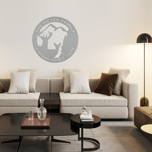 Personalized Family Name Outdoor Deer Scene with Established Date Round Metal Sign-Deer Cabin Metal Sign -Deer themed Wall Decor