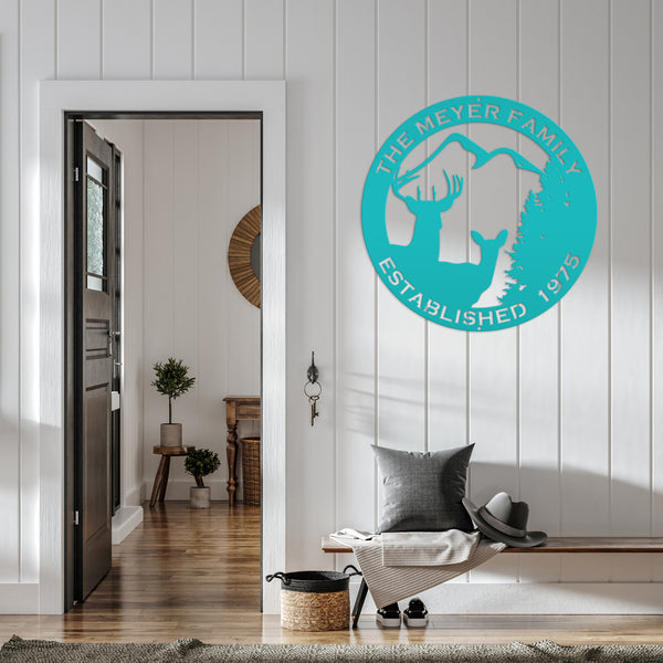 Personalized Family Name Outdoor Deer Scene with Established Date Round Metal Sign-Deer Cabin Metal Sign -Deer themed Wall Decor