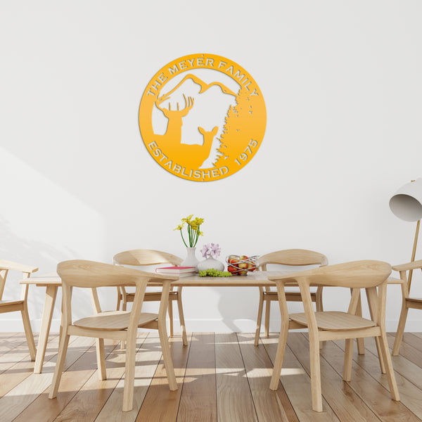 Personalized Family Name Outdoor Deer Scene with Established Date Round Metal Sign-Deer Cabin Metal Sign -Deer themed Wall Decor