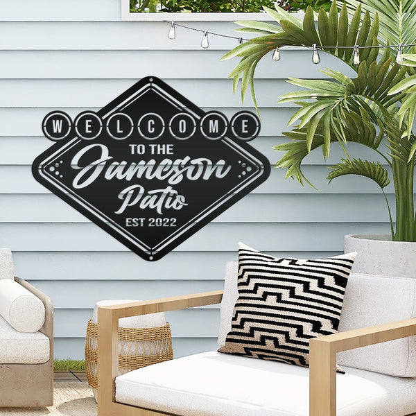 Personalized Welcome Patio Sign, Fun Patio Sign, Diamond Shape Patio Sign, Vintage Patio Sign for Outdoor Wall, Fun Patio Wall Art for Outdoor Oasis