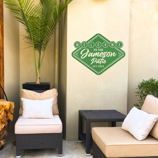 Personalized Welcome Patio Sign, Fun Patio Sign, Diamond Shape Patio Sign, Vintage Patio Sign for Outdoor Wall, Fun Patio Wall Art for Outdoor Oasis