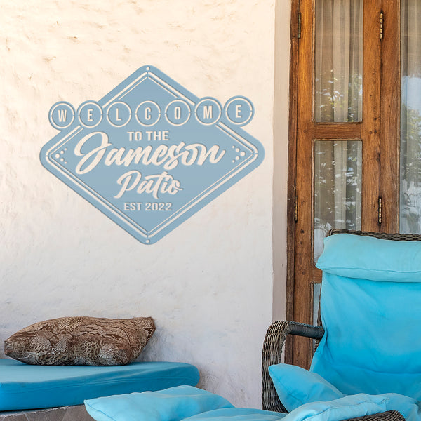 Personalized Welcome Patio Sign, Fun Patio Sign, Diamond Shape Patio Sign, Vintage Patio Sign for Outdoor Wall, Fun Patio Wall Art for Outdoor Oasis