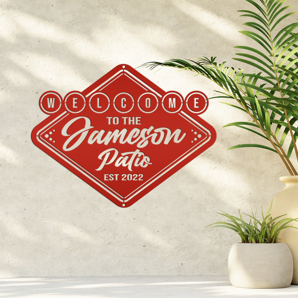 Personalized Welcome Patio Sign, Fun Patio Sign, Diamond Shape Patio Sign, Vintage Patio Sign for Outdoor Wall, Fun Patio Wall Art for Outdoor Oasis