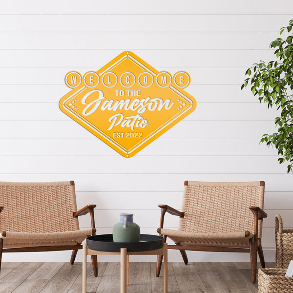 Personalized Welcome Patio Sign, Fun Patio Sign, Diamond Shape Patio Sign, Vintage Patio Sign for Outdoor Wall, Fun Patio Wall Art for Outdoor Oasis